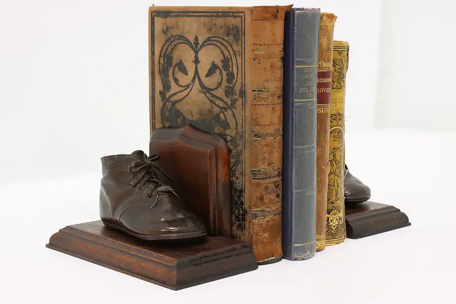 Main image of Pair of Vintage Bookends Bronzed Leather Baby Shoes