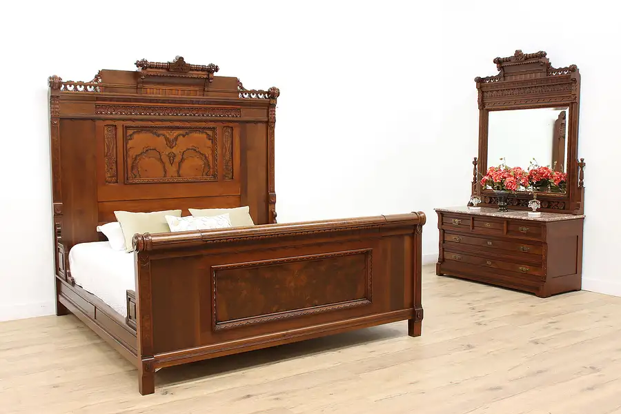 Main image of Victorian Eastlake Antique Walnut & Marble 2 Pc Bedroom Set King Size Bed