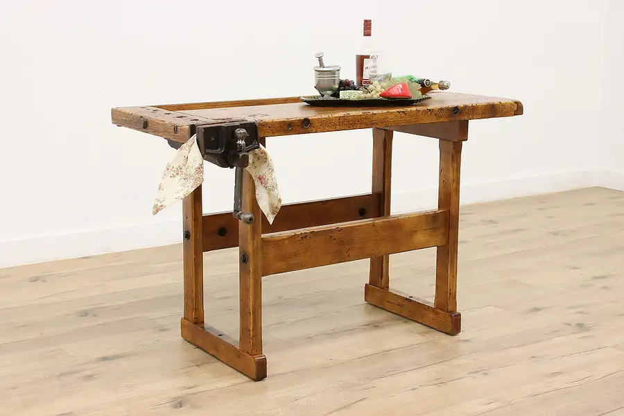 Main image of Farmhouse Salvage Antique Workbench, Kitchen Island, Wine & Cheese Table