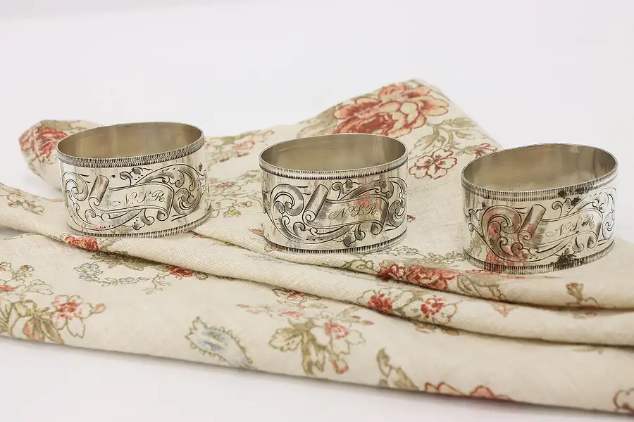 Main image of Set of 3 Victorian Antique Silverplate Napkin Rings Hand Engraved Initial