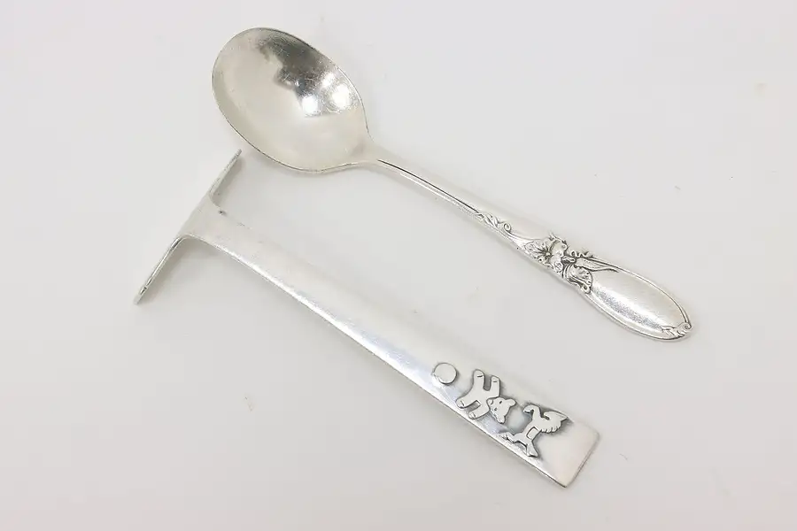 Main image of Swedish Vintage Silverplate Baby Food Pusher & American Spoon