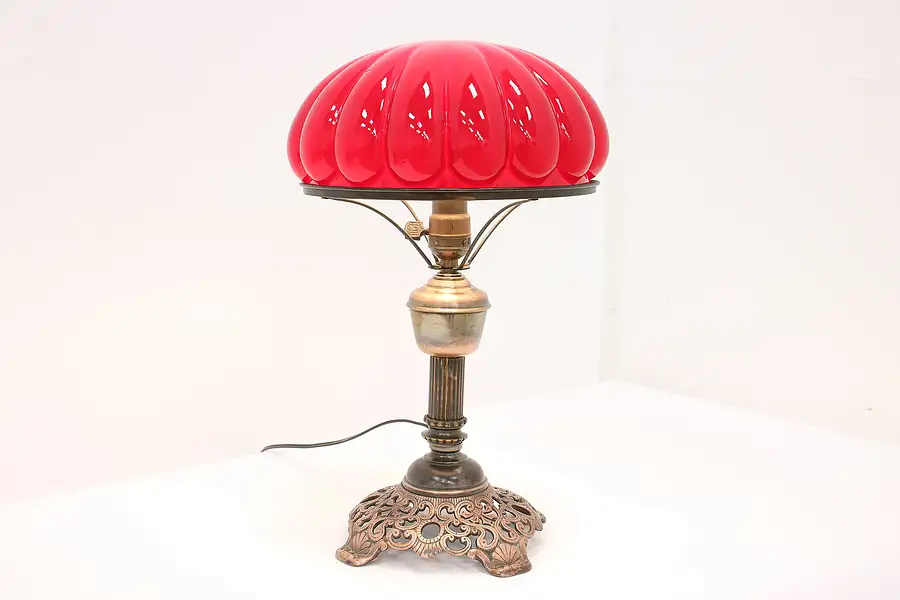 Main image of Art Deco Red Glass Melon Shade Antique Office Desk Lamp, F.G. Co