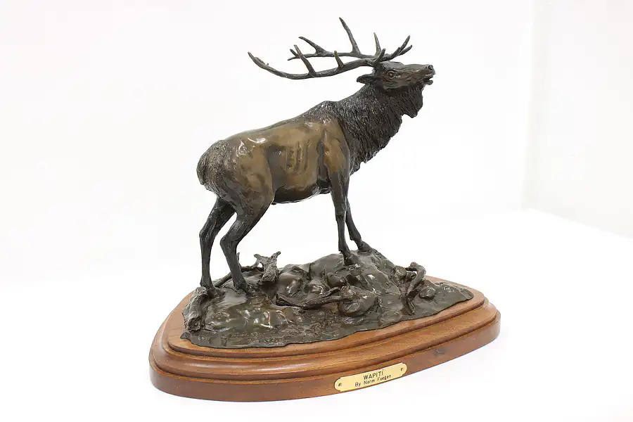 Main image of Bronze Elk Sculpture Vintage Bronze Statue on Walnut Base, Fuegen