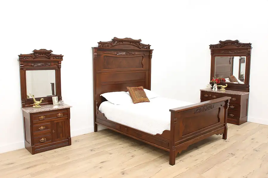 Main image of Victorian Eastlake Antique Walnut & Marble 3 Pc Bedroom Set, Queen Bed