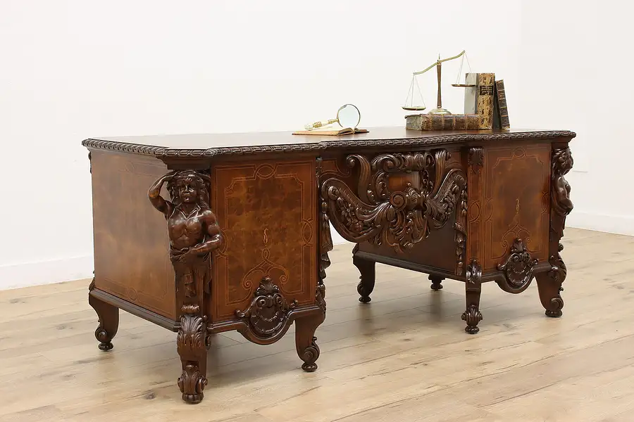 Main image of Italian Renaissance Antique Walnut & Burl Office Desk Carved Statues