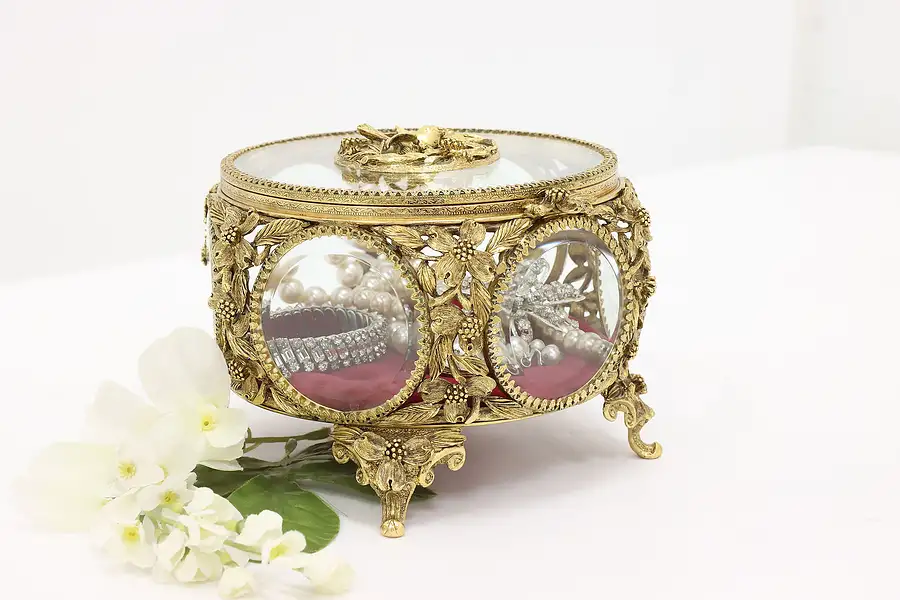 Main image of Victorian Style Vintage Gilt & Beveled Glass Jewelry Trinket Box, Matson