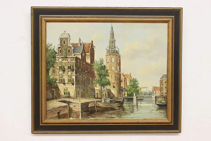 Main image of Dutch Canal, Boats & Tower Vintage Original Oil Painting, Hoven 24.5"