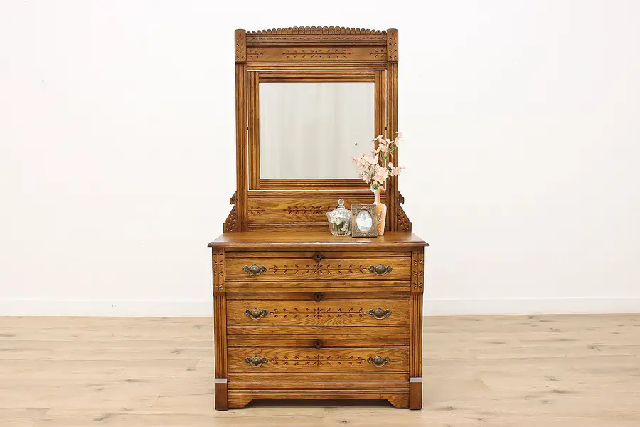 Main image of Victorian Eastlake Antique Spoon Carved Ash Chest or Dresser with Mirror