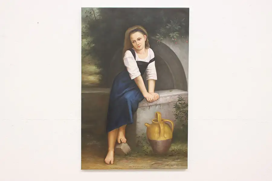 Main image of Young Girl & Vase Vintage Oil Painting after Bougereau, Jerry 36"