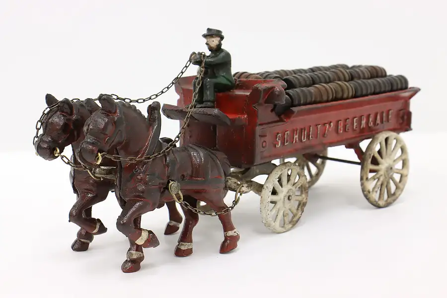 Main image of Cast Iron Painted Vintage Schultz Beer & Ale Wagon, Horses & Barrels