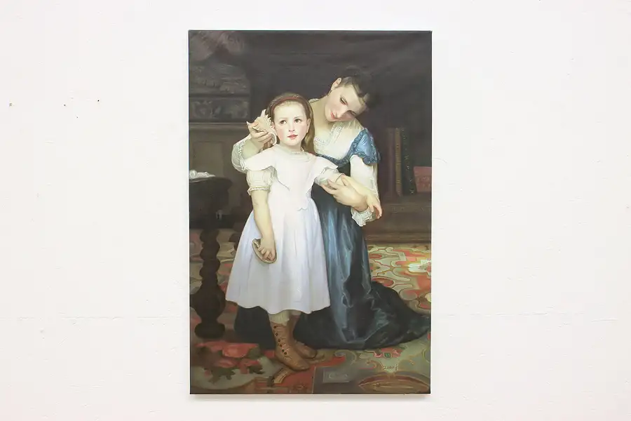 Main image of Mother & Child with Seashells Vintage Oil Painting after Bougereau 36.5"