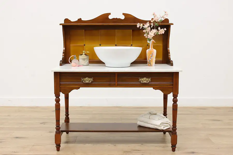 Main image of English Antique Victorian Marble Top & Tile Sink Vanity Washstand, Server