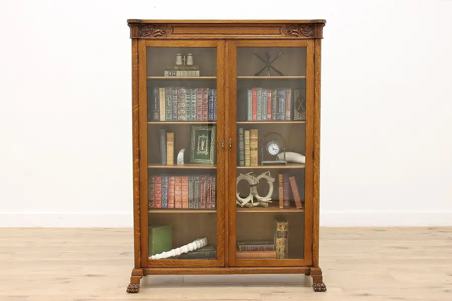 Main image of Victorian Antique Oak Office or Library Bookcase Display Cabinet Paw Feet