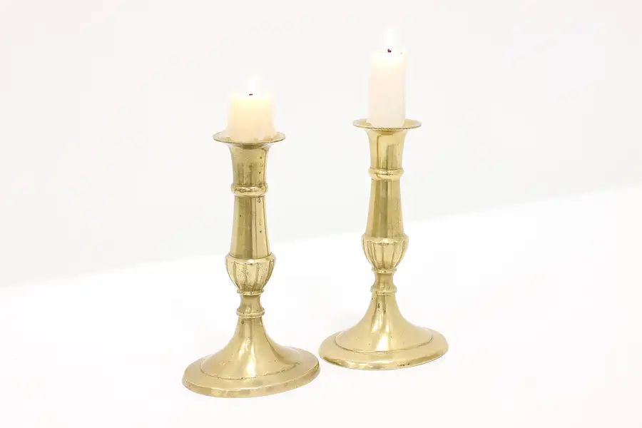 Main image of Pair of Vintage Farmhouse Brass Oval Candlesticks