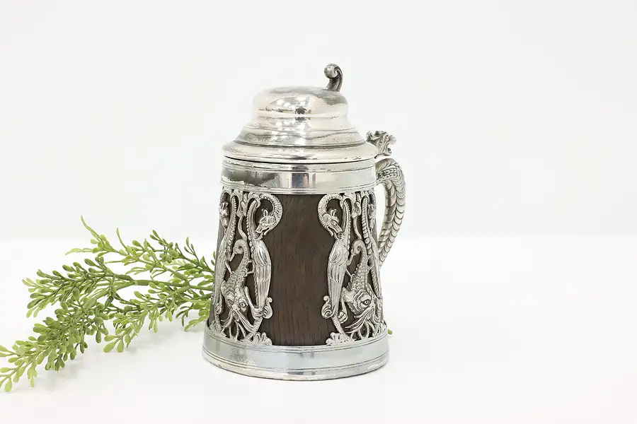 Main image of Farmhouse Antique Silverplate & Oak Beer Stein, Dragons, St. Louis Silver