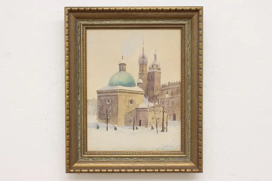 Main image of St. Adalbert Church in Krakow Poland Antique Original Oil Painting 18"