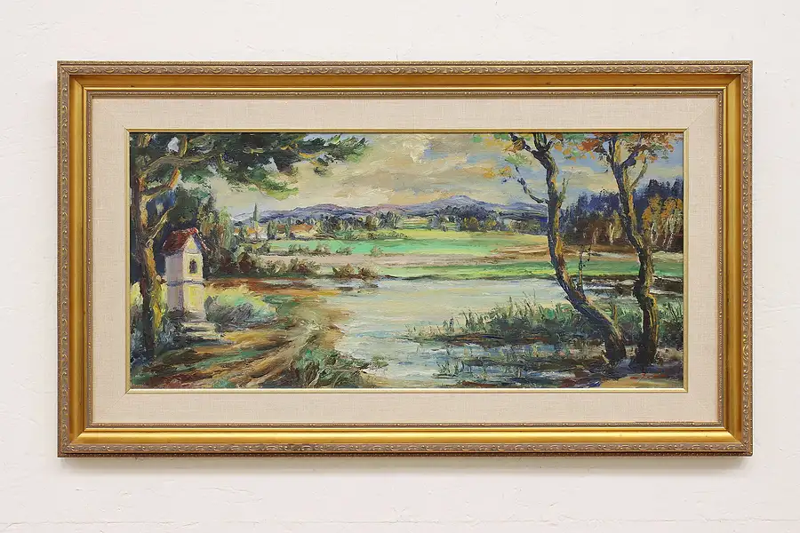 Main image of Traveler's Shrine & Pond Vintage Original Oil Painting, Signed 36"