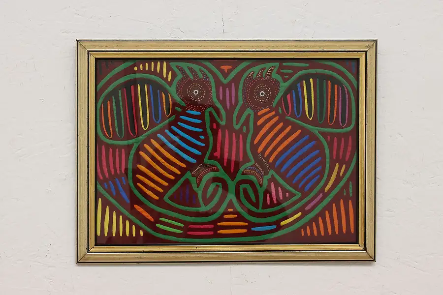 Main image of Latin American Kuna Folk Art Vintage Framed Mola Textile, Birds, Panama