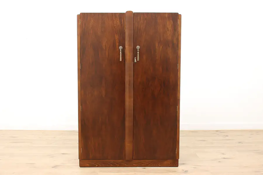 Main image of English Art Deco Vintage Figured Walnut Armoire, Wardrobe, or Closet