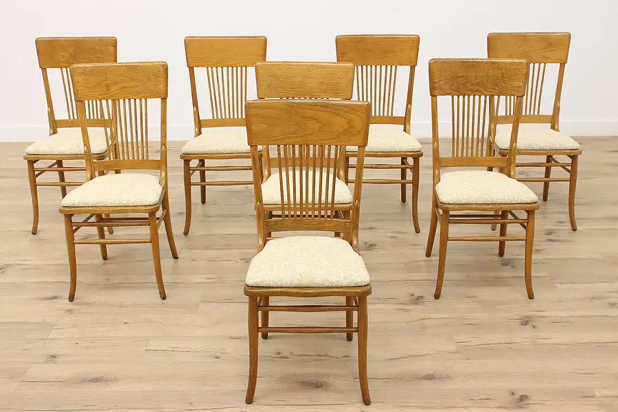 Main image of Set of 8 Antique Farmhouse Oak Dining Chairs, New Upholstery