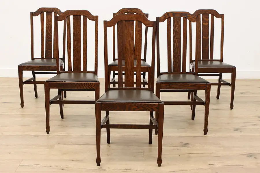 Main image of Set of Six Arts & Crafts Mission Oak Antique Leather Dining Chairs