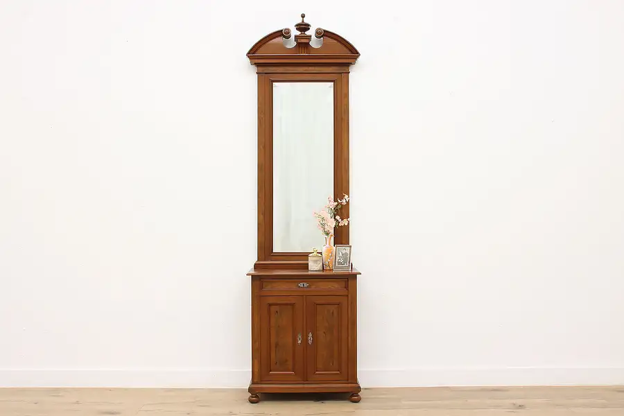 Main image of Victorian Antique Walnut & Burl Hall or Entryway Cabinet with Mirror