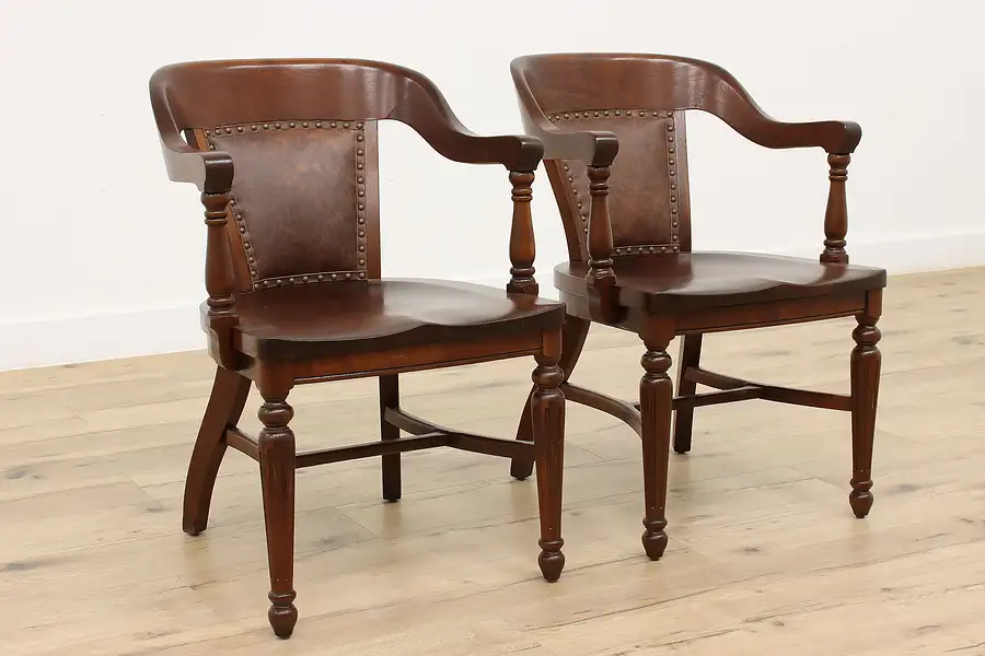 Main image of Pair of Antique Leather & Walnut Office, Library Desk Chairs