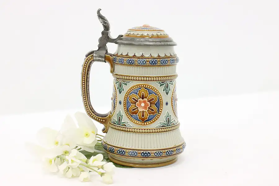 Main image of German Antique 1/2 Liter Beer Stein or Mug Flowers, Mettlach