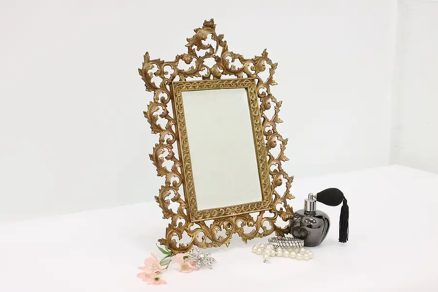 Main image of Victorian Antique Ornate Bronze Finish Wall or Easel Mirror