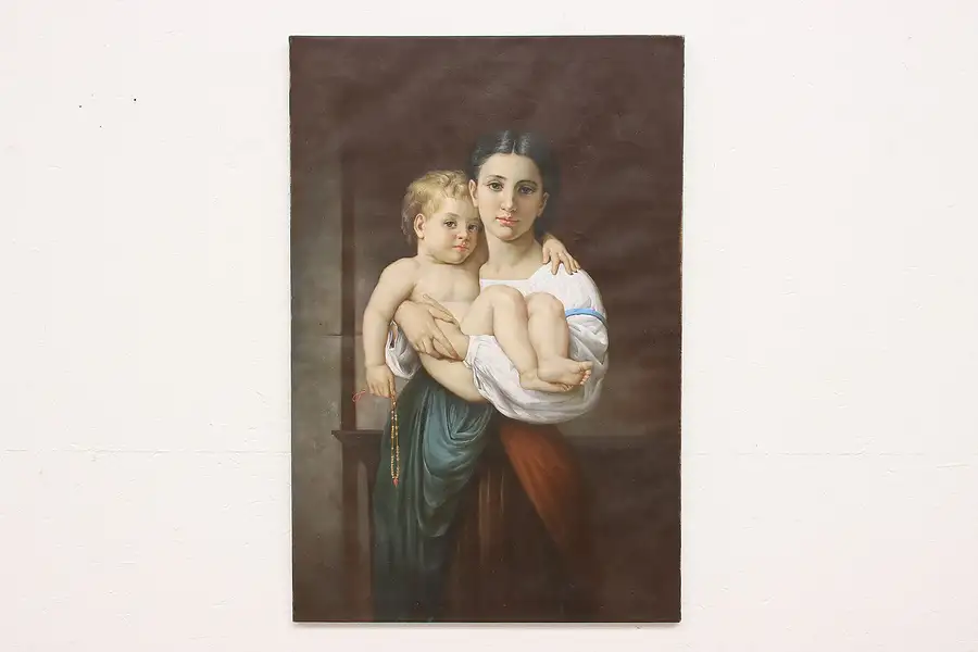 Main image of Mother & Child Vintage Oil Painting after Bougereau, Jerry 36.5"