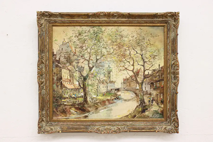 Main image of City Canal Scene Vintage Original Oil Painting, King 29.5"