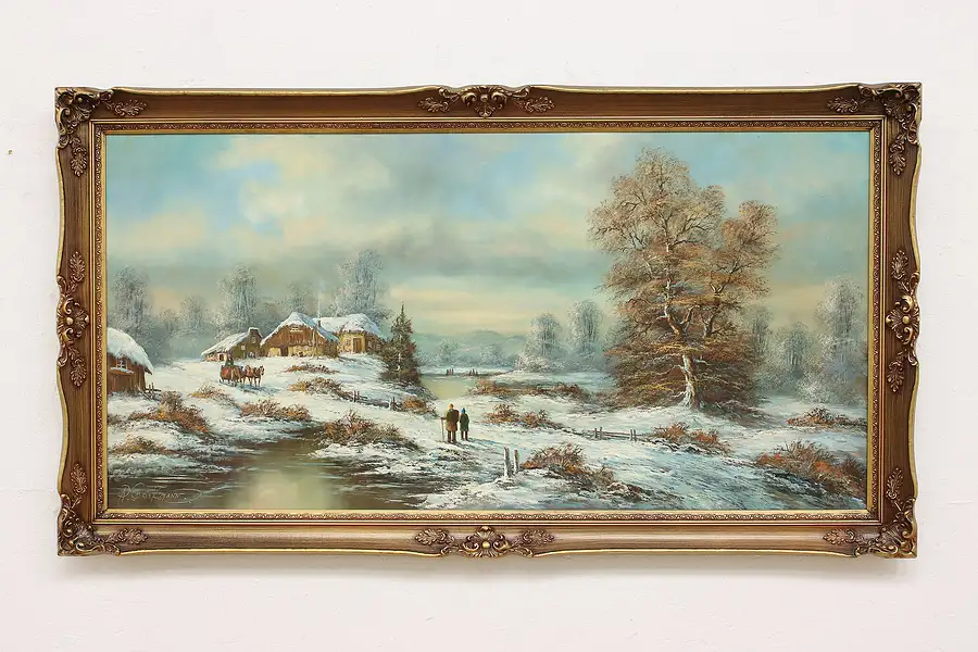 Main image of Snowy Farm Pond Vintage Original Oil Painting, Brinkmann 53"