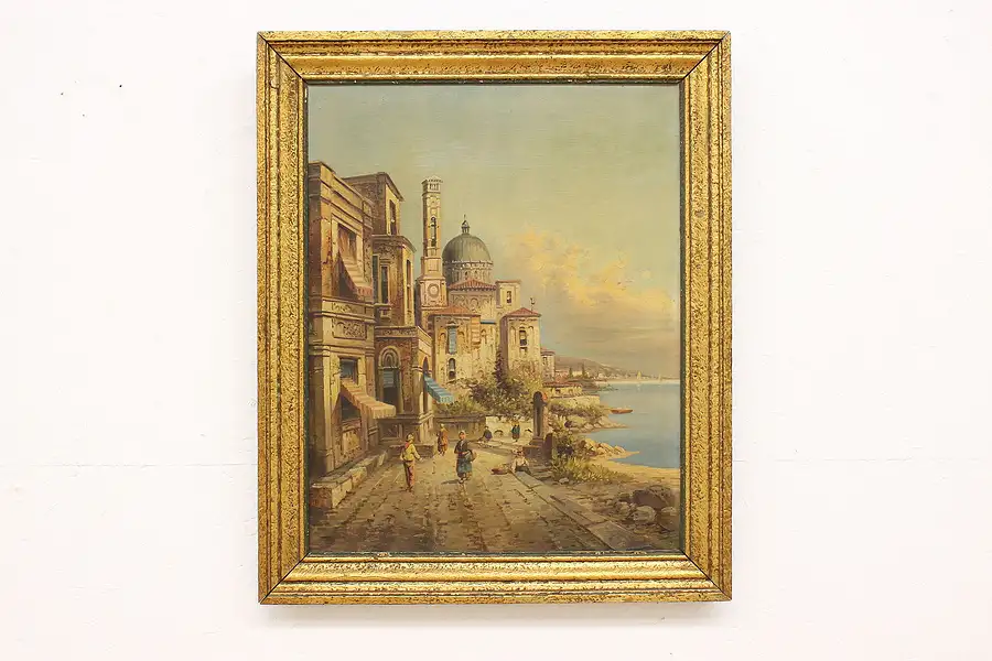 Main image of Italian Ocean Town Antique Original Oil Painting Delater 32"