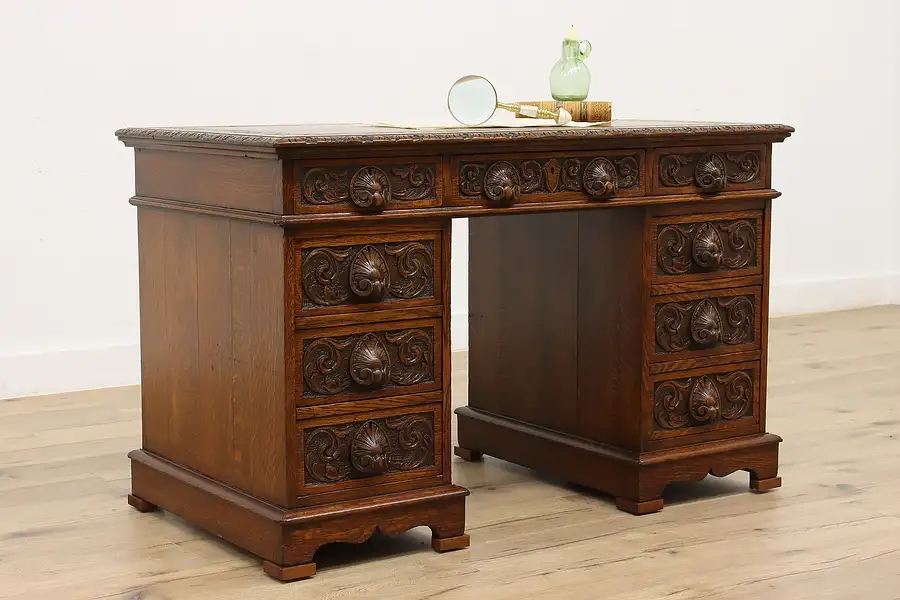 Main image of Victorian Oak Antique Office Library Desk, Carved Pulls