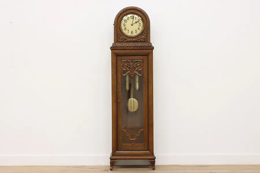 Main image of Art Deco Antique German Oak Tall Case Clock, Flowers, Urgos