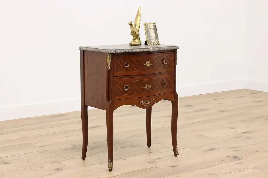 Main image of French Antique Rosewood Marquetry Marble Top Nightstand or Chest