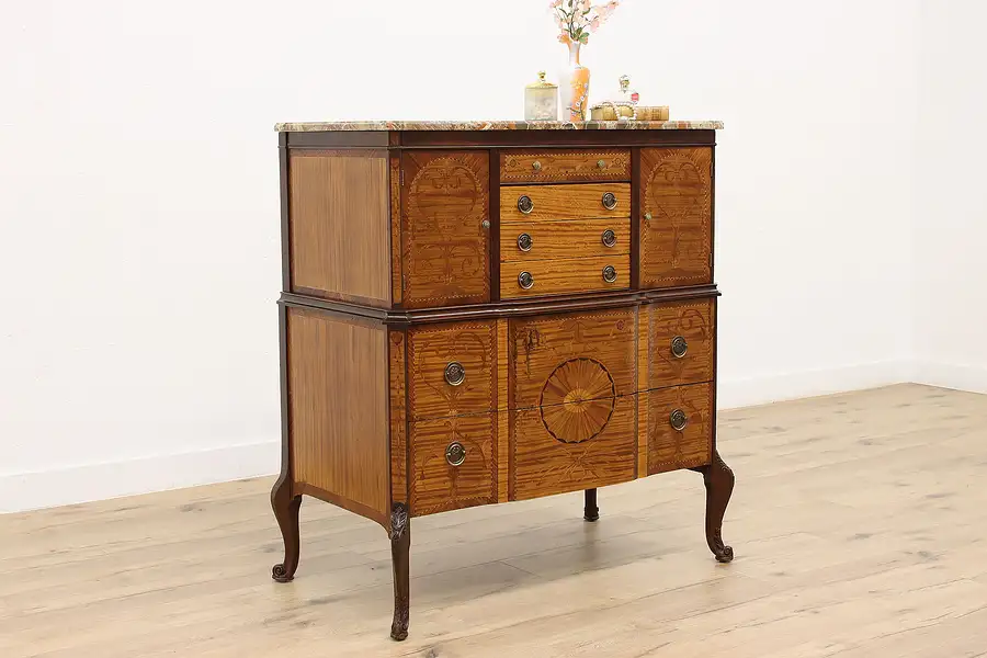 Main image of Mahogany Marquetry & Marble Dresser or Chest Jewelry Drawers