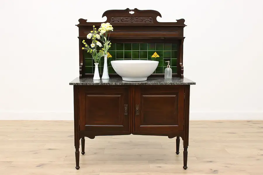 Main image of English Antique Washstand, Server, Vanity, Bar Marble & Tile