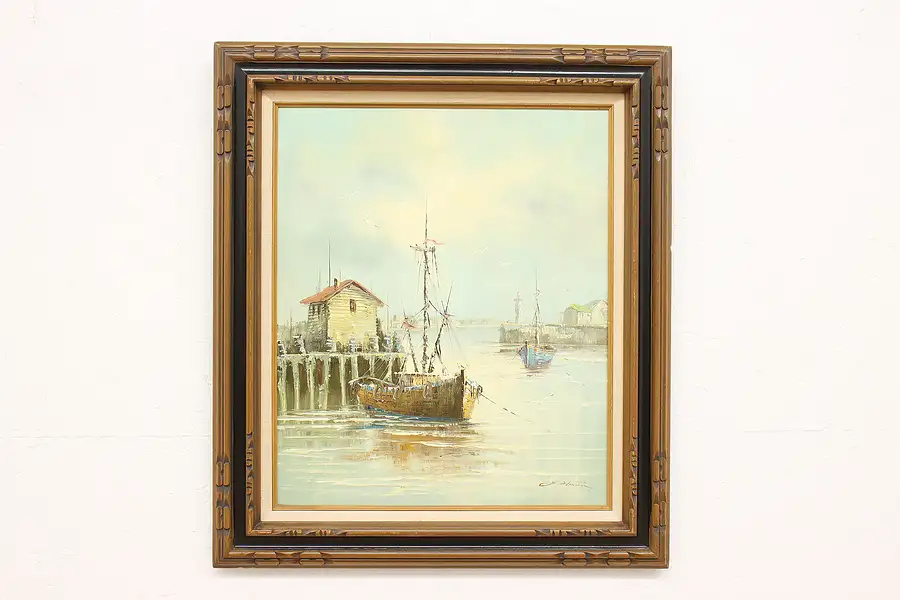 Main image of Boats at Harbor Vintage Original Oil Painting, Martin 31.5"