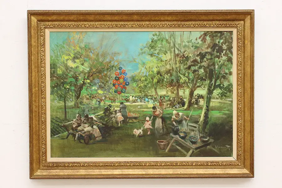 Main image of Party in a Park Vintage Original Oil Painting Giovanetti 48"