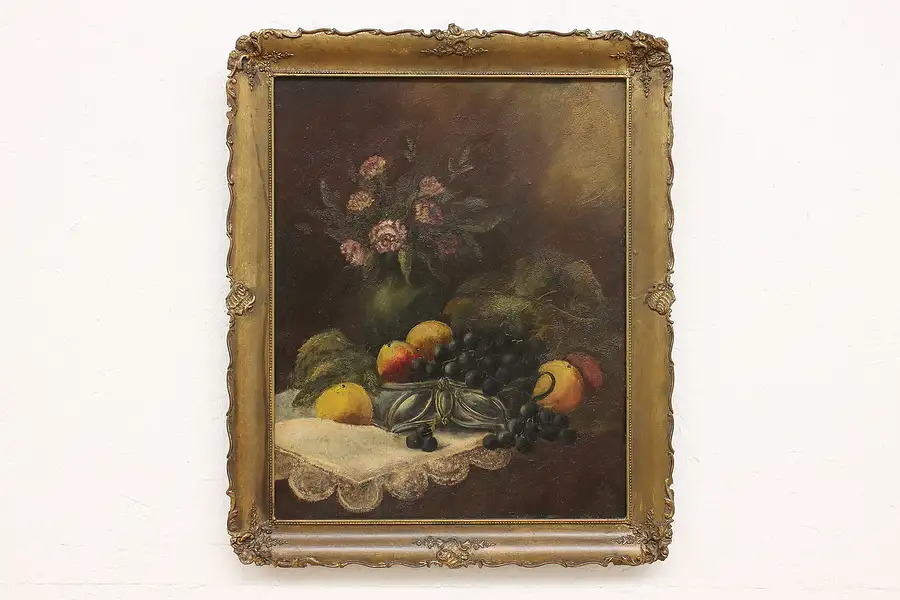 Main image of Peaches Still Life Antique Original Oil Painting Signed 23"