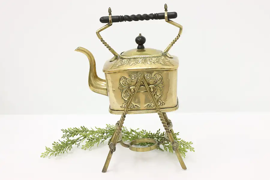 Main image of Farmhouse Victorian Antique Brass Teapot Kettle, Stand A & N