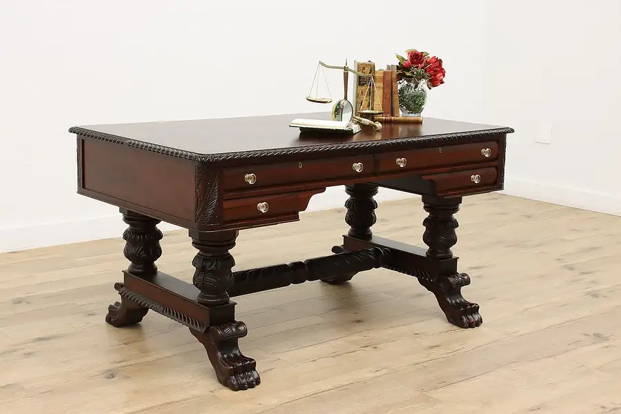 Main image of Empire Antique Mahogany Partner Desk, Carved Paw Feet