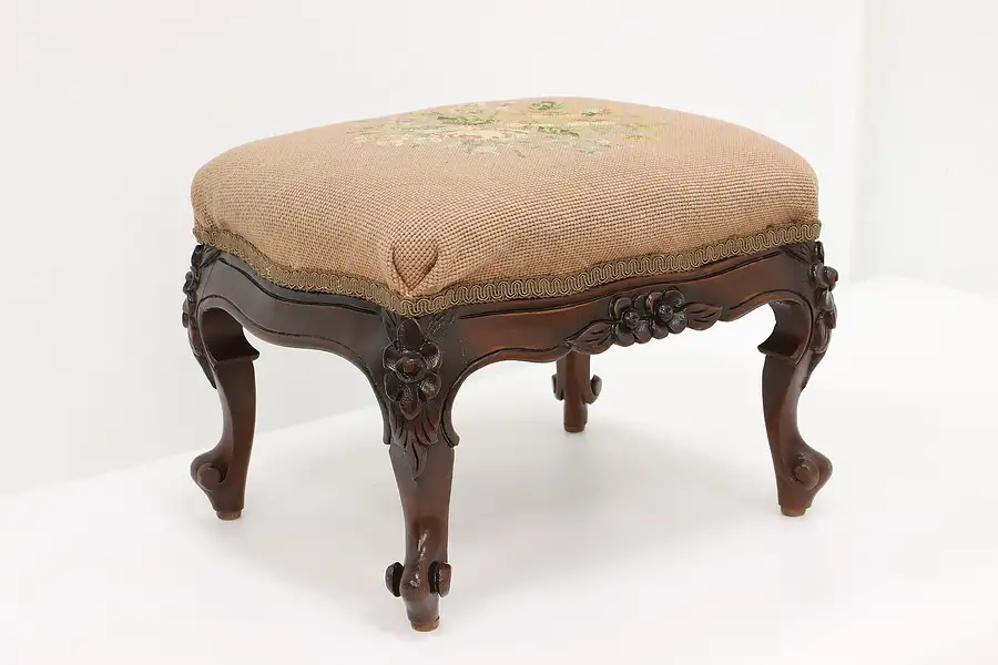 Main image of Hand Carved Mahogany Antique Footstool Floral Needlepoint