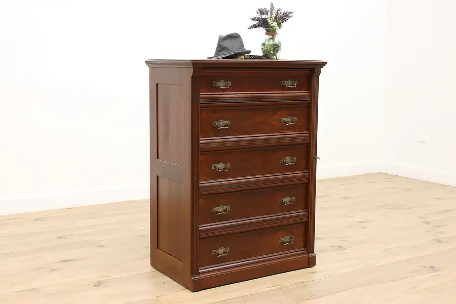 Main image of Victorian Eastlake Antique Walnut Sidelock Tall Dresser