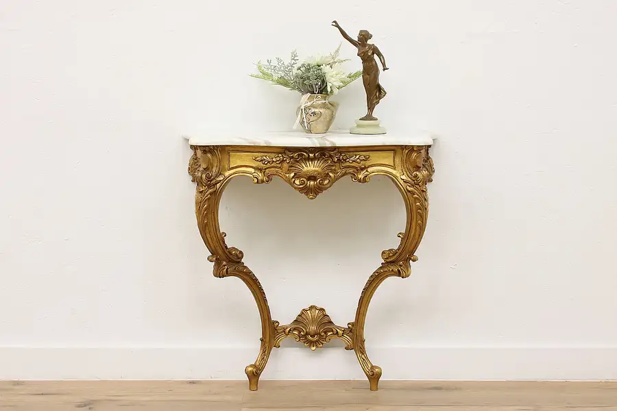 Main image of Italian Vintage Rococo Design Carved Hall Console Marble Top