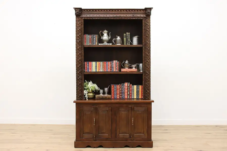 Main image of Asian Vintage Carved Teak Office Library Bookcase, Flowers