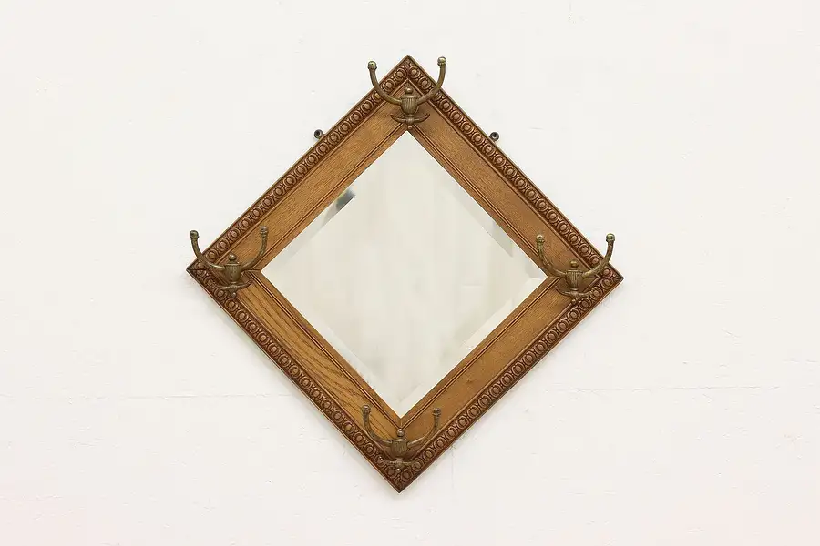 Main image of Victorian Antique Oak Wall Hanging Hall Mirror & Coat Rack