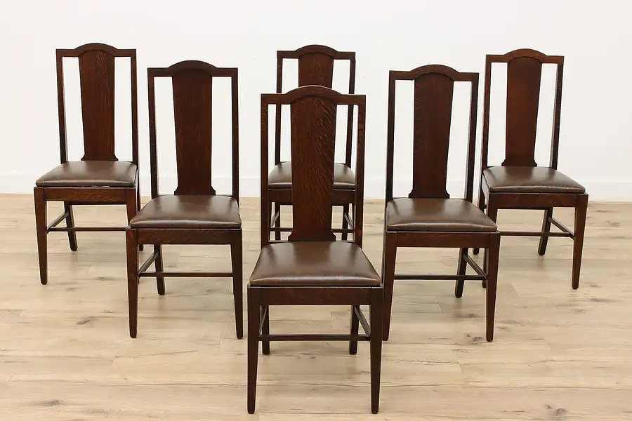 Main image of Set of 6 Craftsman Antique Oak & Leather Dining Chairs