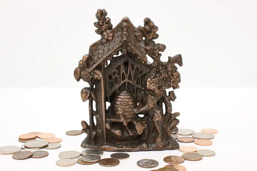 Main image of Farmhouse Antique Bees & Bears Cast Iron Coin Bank